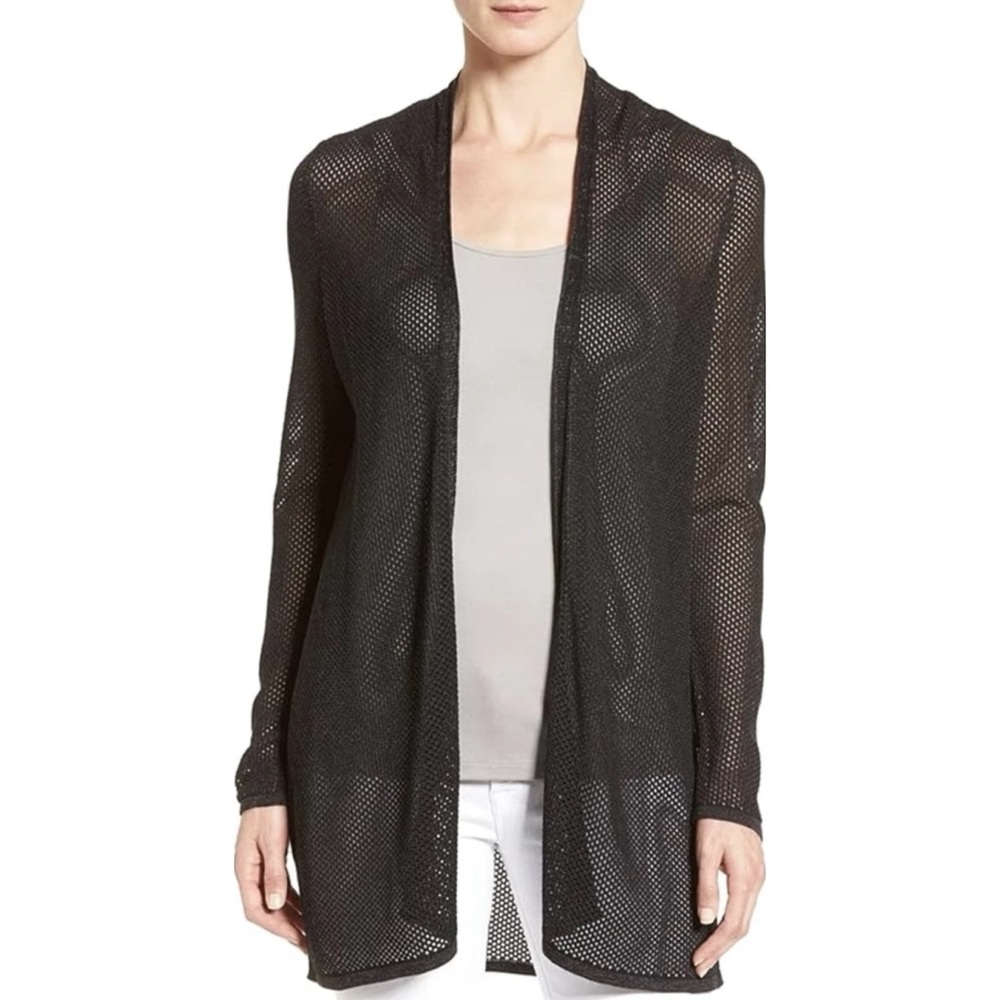 Eileen Fisher Petite Black Open Knit Duster Cardigan Sweater Sheer Minimal Boho